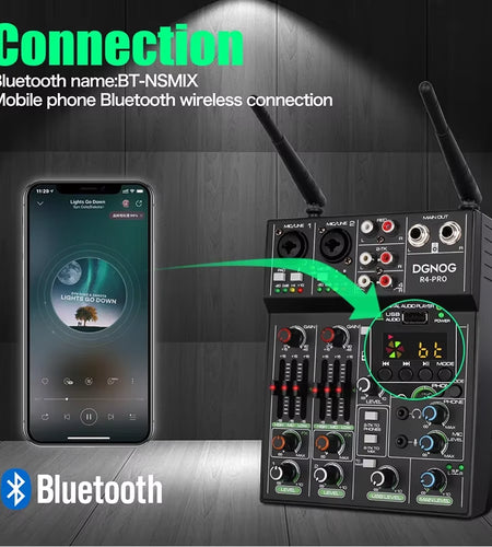 4 Channel Audio Mixer with Wireless Microphone USB Sound Table Bluetooth Console DJ Mixing for Party Karaoke Machine Soundbar