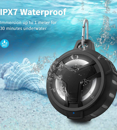 Bluetooth Shower Speaker, Waterproof Portable Bluetooth Speakers, IP67 Waterproof Wireless Speaker with LED Light, Floating, 2000Mah, True Wireless Stereo for Kayak, Beach,Gifts for Men -Black